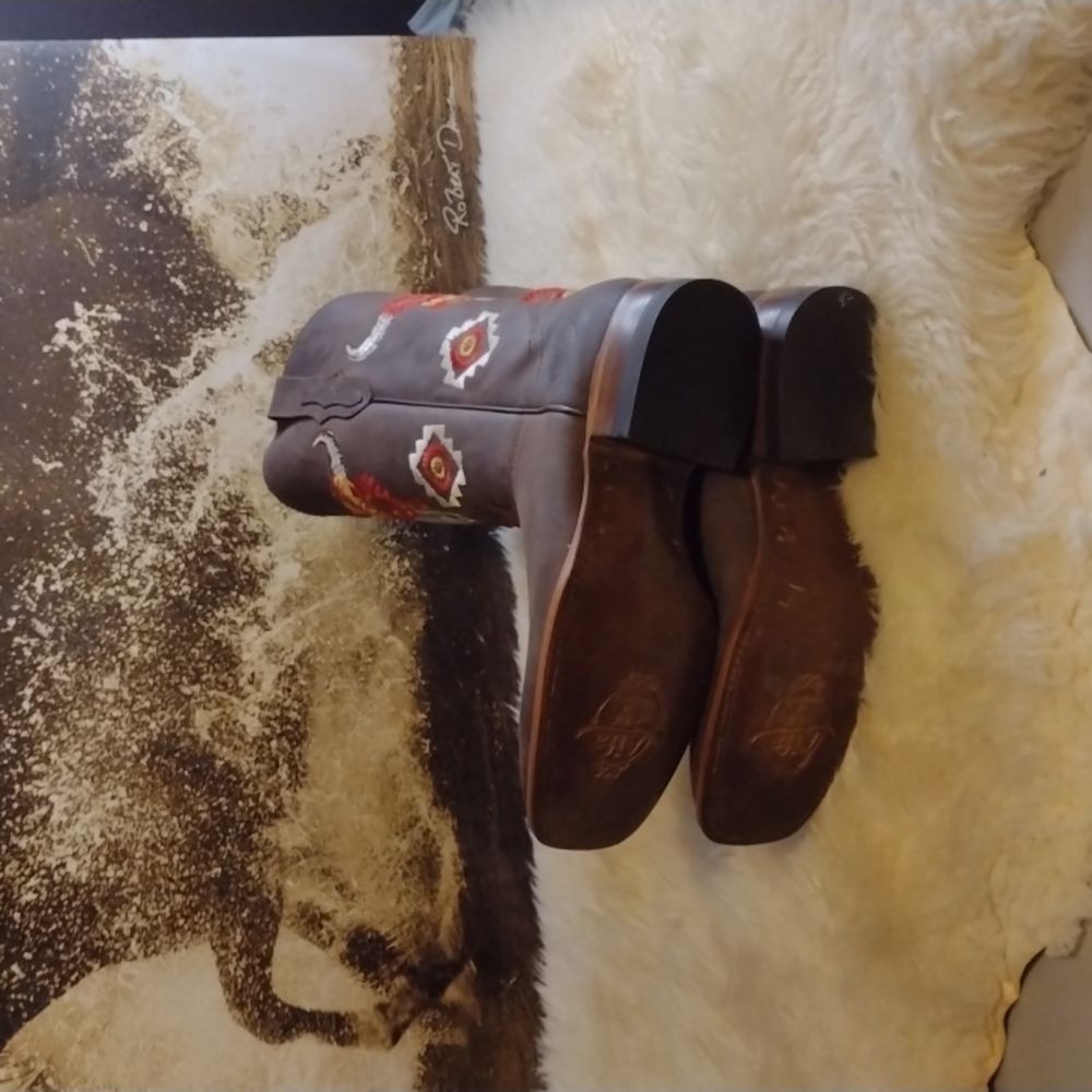 New Handmade Chocolate Brown Embroidered Cowhide Leather Square Toe Size 8.5 - Picture 5 of 12